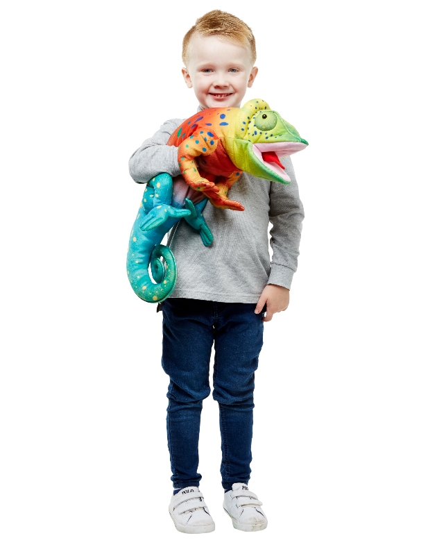 young boy holding a colourful chameleon puppet 