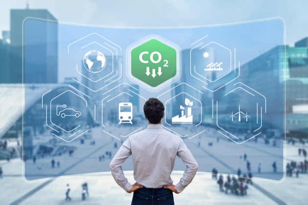 business person standing in front of a screen of icons representing climate change