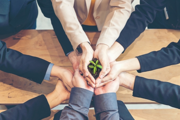 group of hand all holding a mound of mud and green shoot in the middle