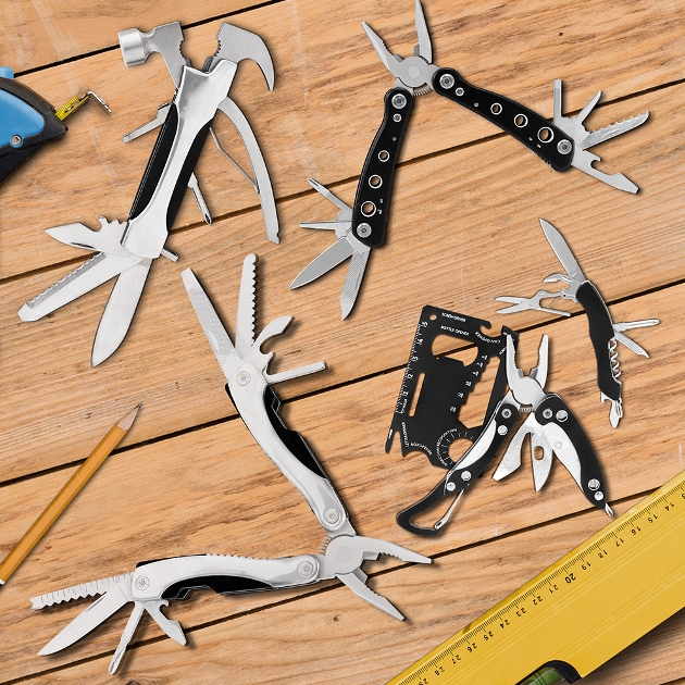 selection of multitools on a woodbench