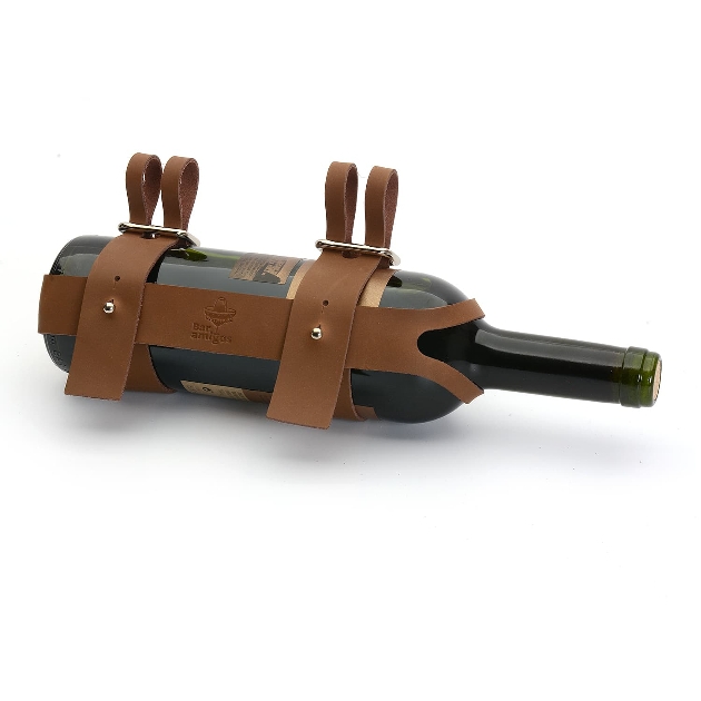 bottle of wine in leather holder