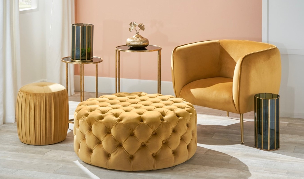 chair stool; and tables in mustard velvet in room