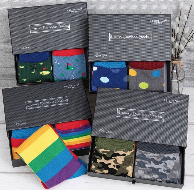 Joe Davies' Equilibrium sock collection in boxes