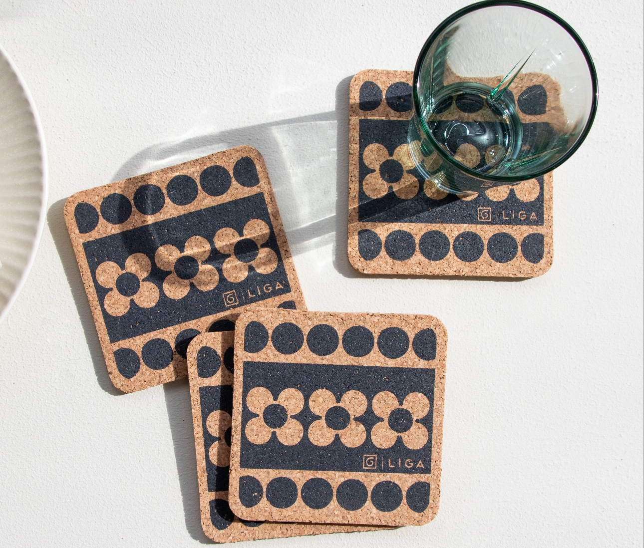 cork coasters with 70s flower print