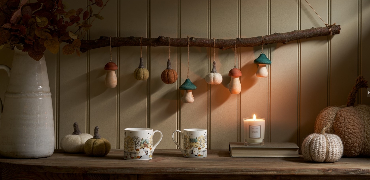 halloween mug little mushrooms and pumpkins hanging