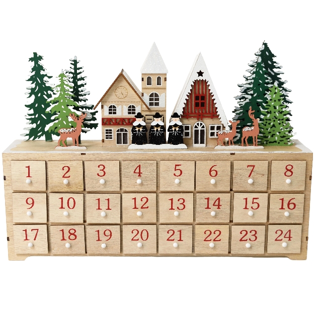 wooden advent calendar box with 24 drawers and winter scene on top
