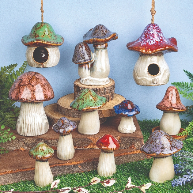 rustic mushrooms on rope string and free standing