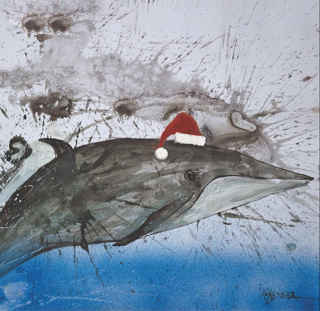 handdrawn whale with a santa hat on