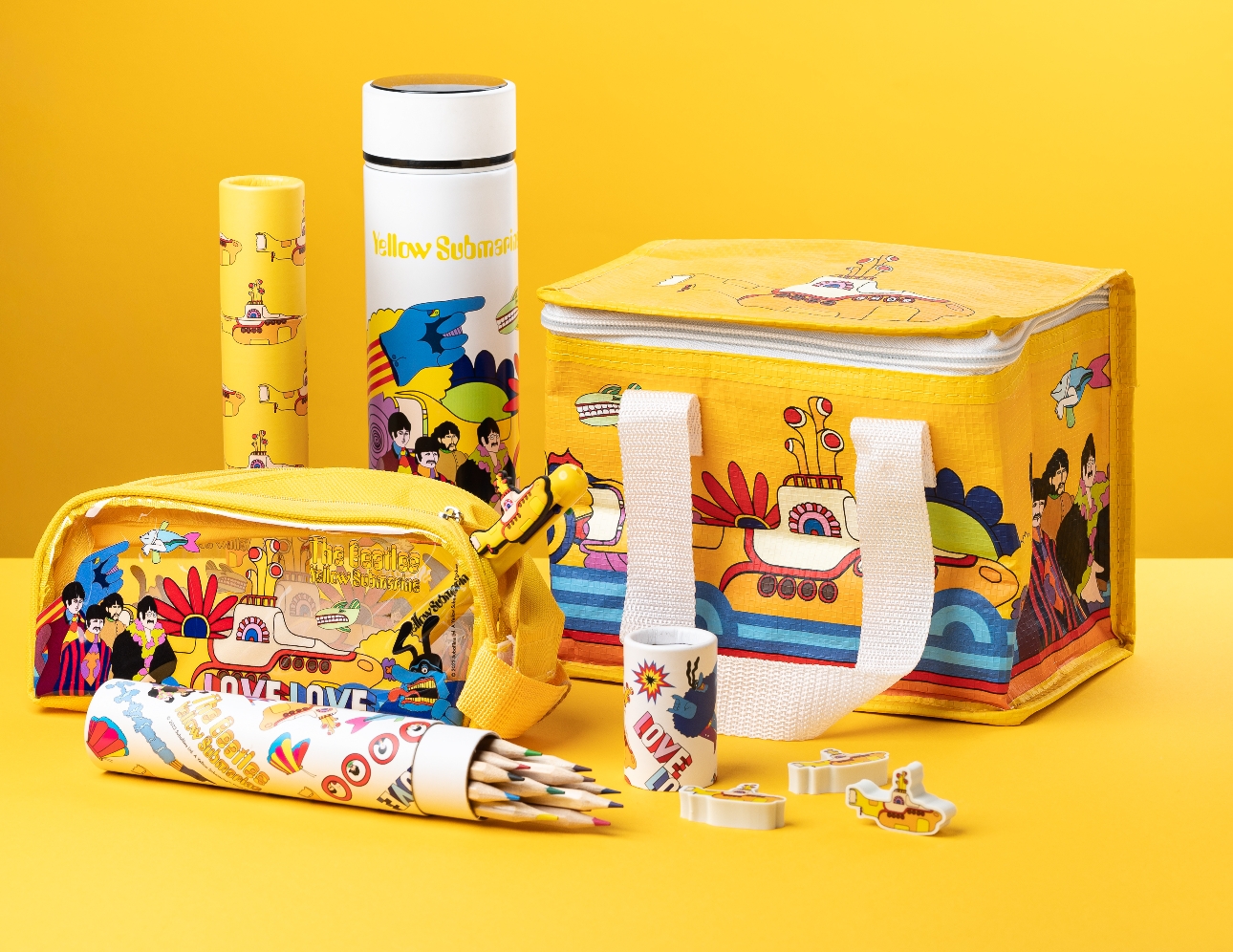 lunch box, stationery, yellow submarine prints aka Beatles