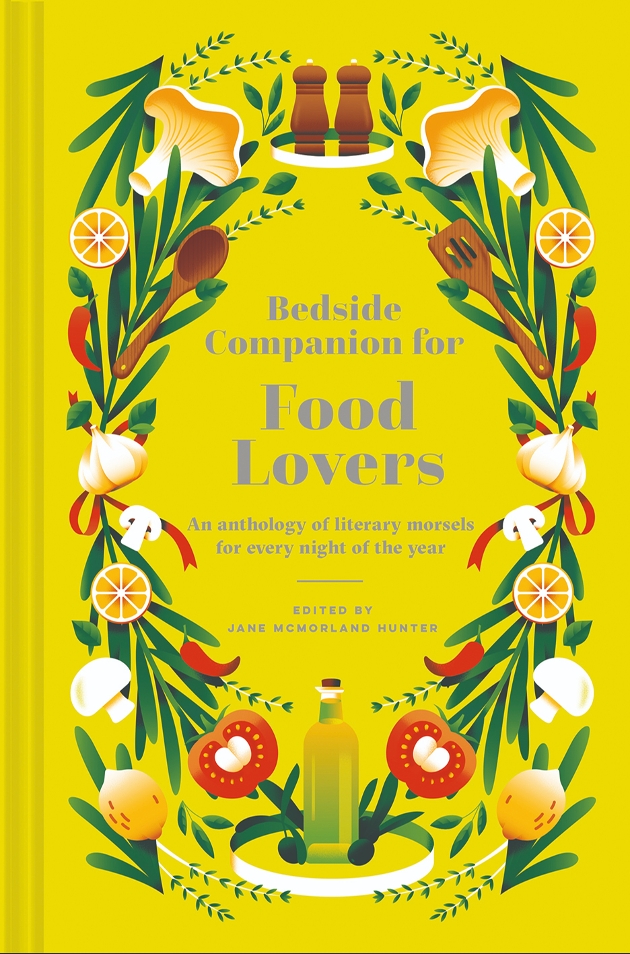 yellow books cover with food and flower wreath on it