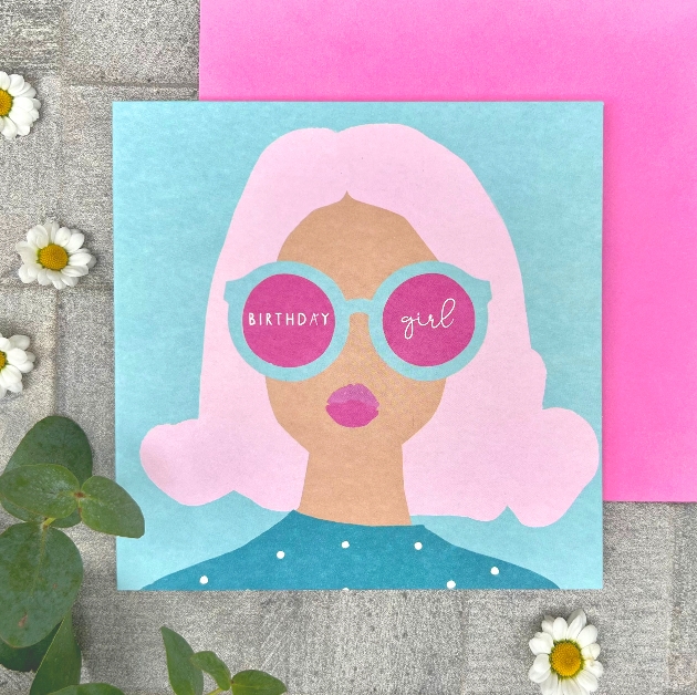 modern card colourful pink and blue girl wearing glasses