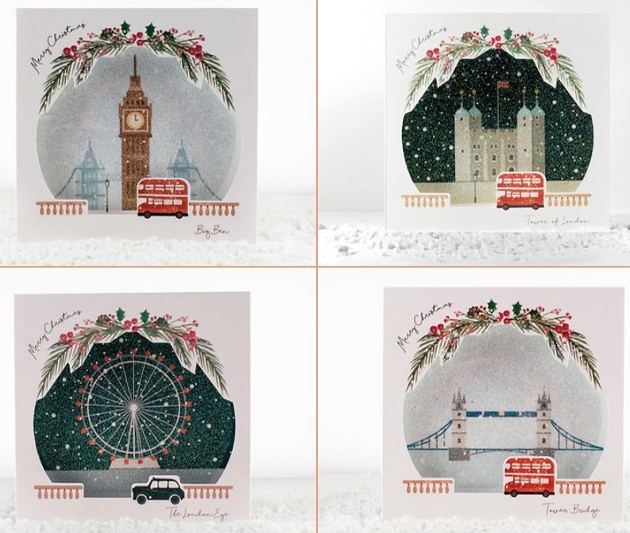 four cards with scenes of london in the snow