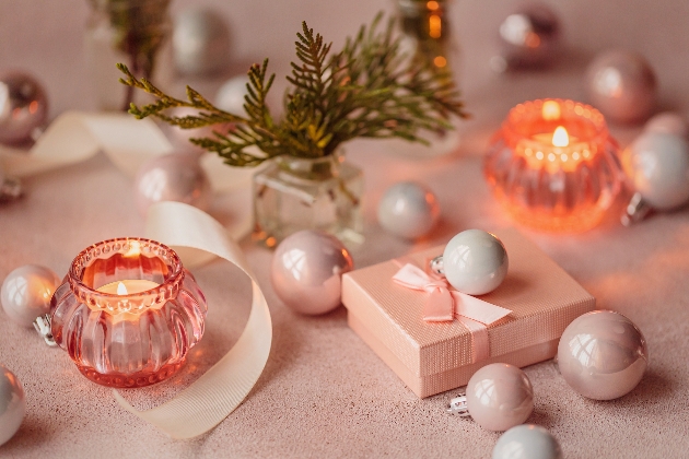 candles and baubles in peach