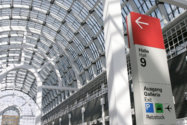 inside exhibition hall with signs